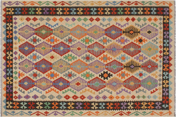 Flat Weave Kilim, Antique, Navaho, Vintage, Handmade, Geometric Kilim Beige Black Hand-Woven Rectangle 100% Wool Area Rug 6 x 8